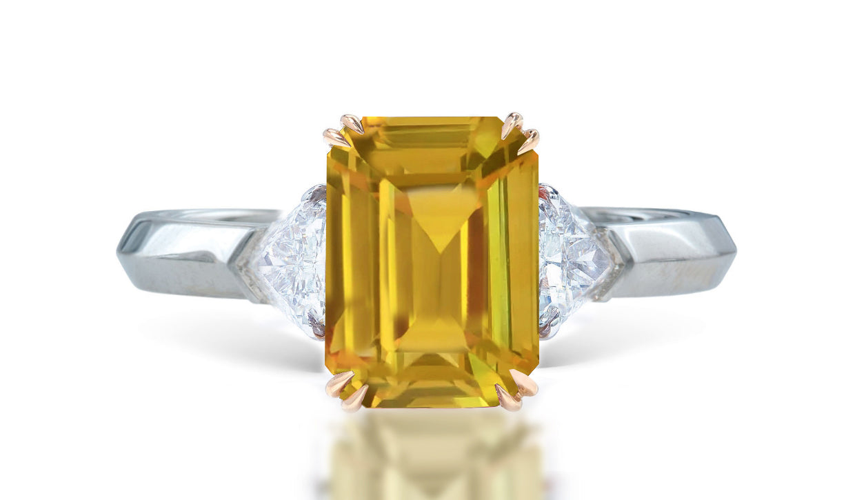 12 custom made unique emerald cut yellow sapphire center stone with trillion diamond accents three stone engagement ring