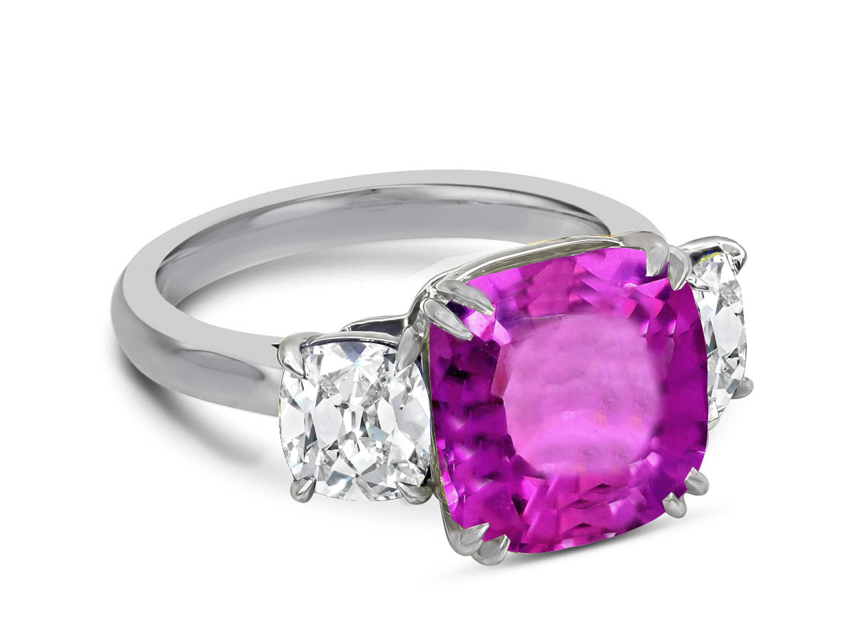 120 custom made unique cushion cut pink sapphire center stone and cushion cut diamond side three stone engagement ring