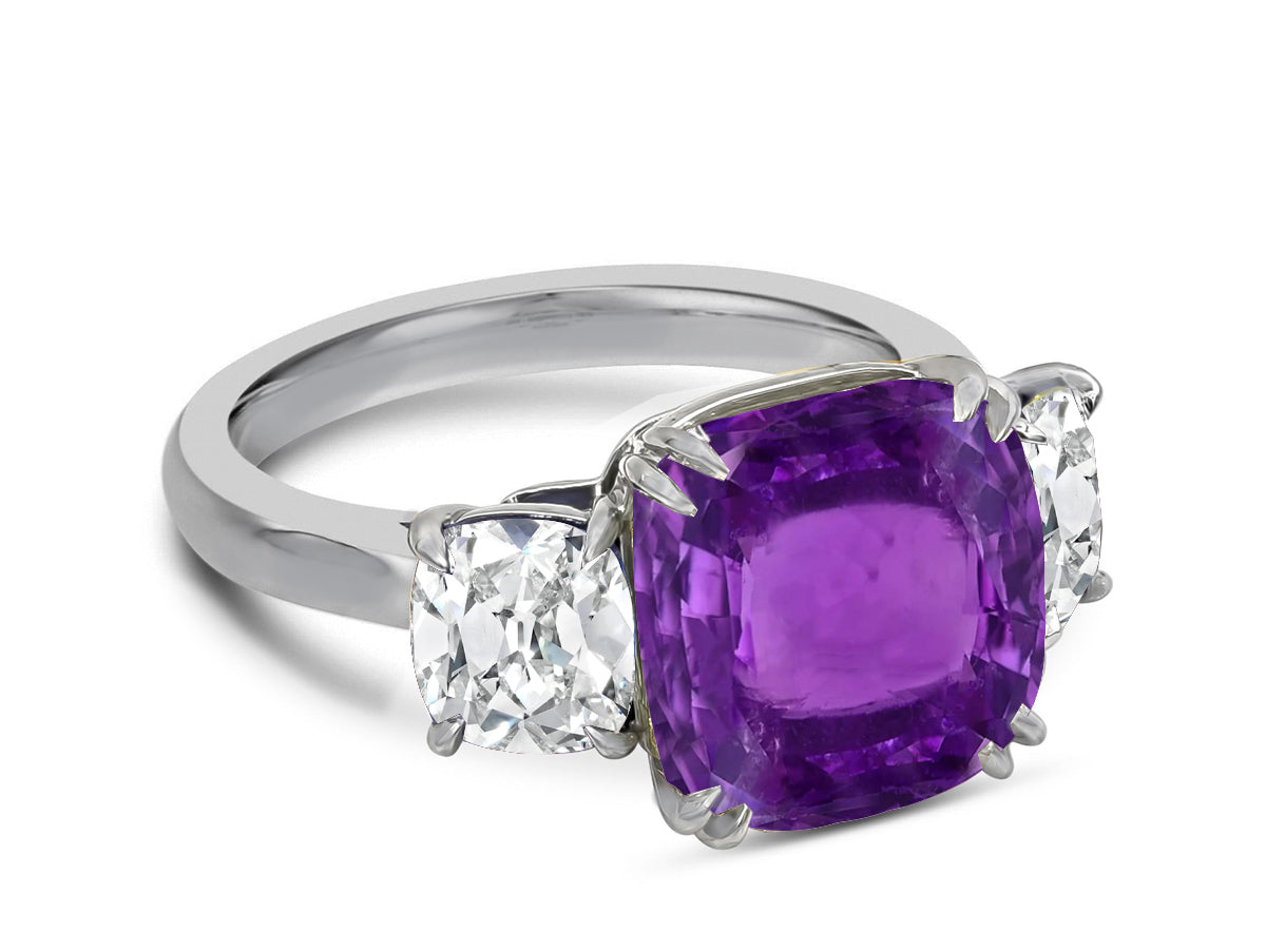 120 custom made unique cushion cut purple sapphire center stone and cushion cut diamond side three stone engagement ring