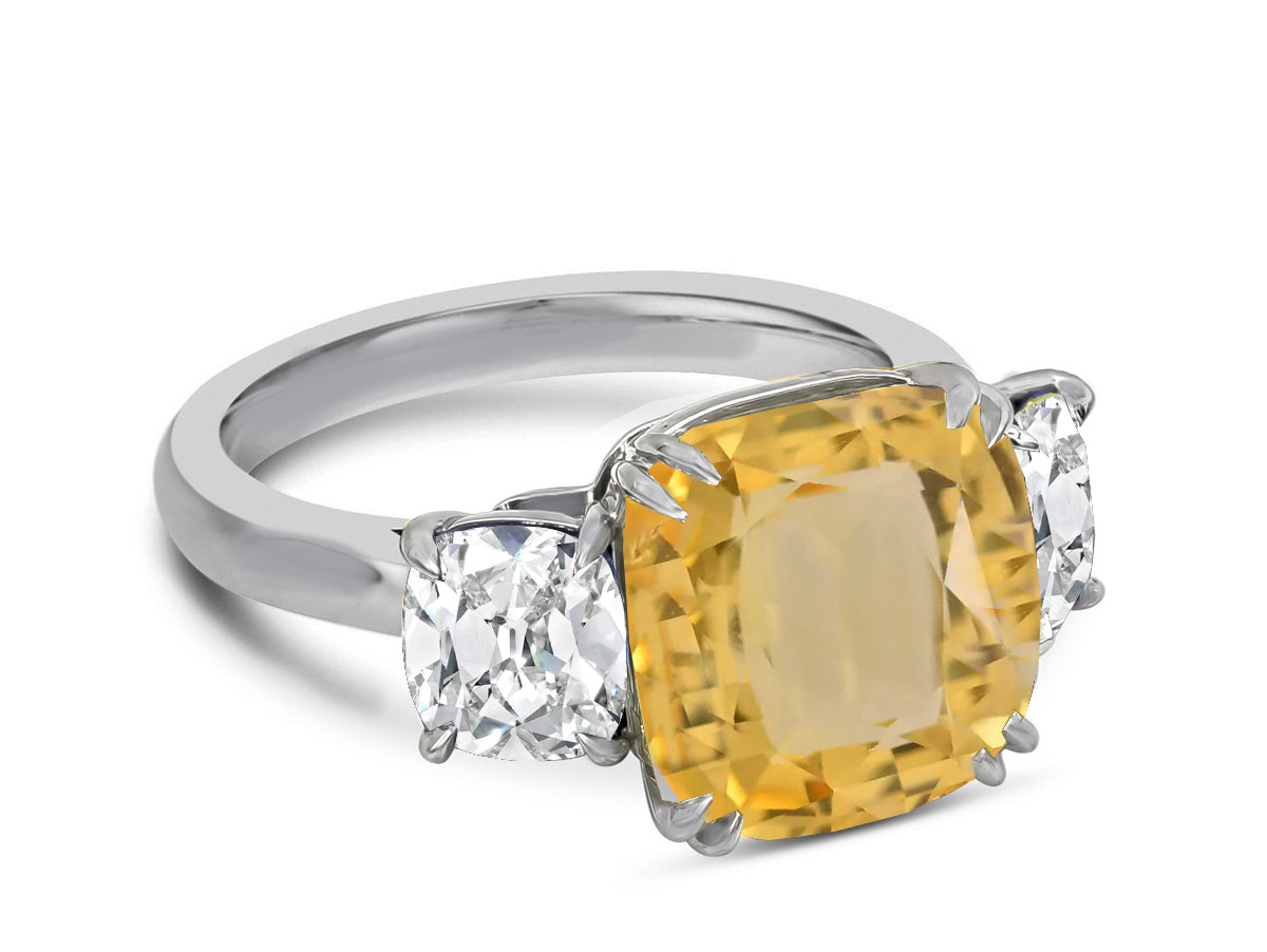 120 custom made unique cushion cut yellow sapphire center stone and cushion cut diamond side three stone engagement ring