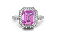 1202 custom made vintage inspired pink sapphire and diamond floral halo engagement rings