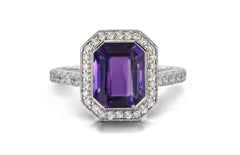 1202 custom made vintage inspired purple sapphire and diamond floral halo engagement rings