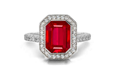 1202 custom made vintage inspired ruby and diamond floral halo engagement rings