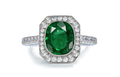 1203 custom made vintage inspired emerald and diamond floral halo engagement rings
