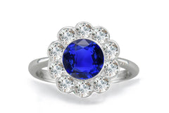 1204 custom made vintage inspired blue sapphire and diamond floral halo engagement rings