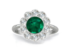 1204 custom made vintage inspired emerald and diamond floral halo engagement rings