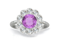 1204 custom made vintage inspired pink sapphire and diamond floral halo engagement rings