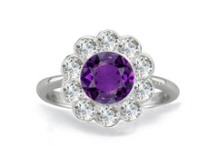 1204 custom made vintage inspired purple sapphire and diamond floral halo engagement rings