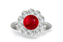 1204 custom made vintage inspired ruby and diamond floral halo engagement rings