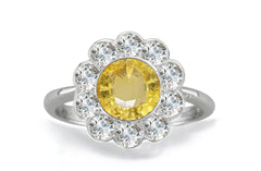 1204 custom made vintage inspired yellow sapphire and diamond floral halo engagement rings