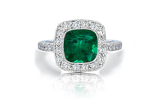 1205 custom made vintage inspired emerald and diamond floral halo engagement rings