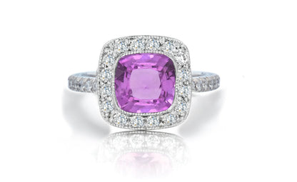 1205 custom made vintage inspired pink sapphire and diamond floral halo engagement rings