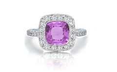 1205 custom made vintage inspired pink sapphire and diamond floral halo engagement rings