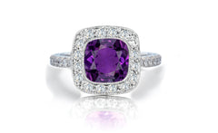 1205 custom made vintage inspired purple sapphire and diamond floral halo engagement rings