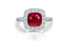 1205 custom made vintage inspired ruby and diamond floral halo engagement rings