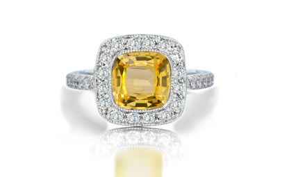 1205 custom made vintage inspired yellow sapphire and diamond floral halo engagement rings