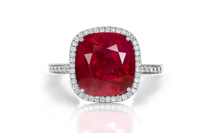 1206 custom made vintage inspired ruby and diamond floral halo engagement rings
