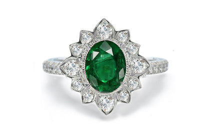 1207 custom made vintage inspired emerald and diamond floral halo engagement rings