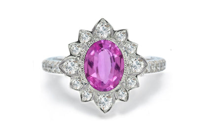 1207 custom made vintage inspired pink sapphire and diamond floral halo engagement rings