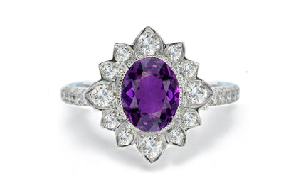 1207 custom made vintage inspired purple sapphire and diamond floral halo engagement rings