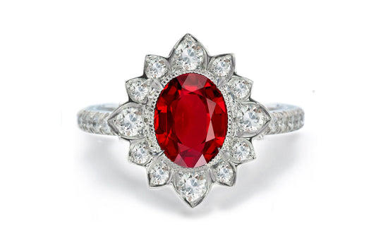 1207 custom made vintage inspired ruby and diamond floral halo engagement rings