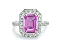 1208 custom made vintage inspired pink sapphire and diamond floral halo engagement rings