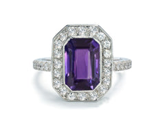 1208 custom made vintage inspired purple sapphire and diamond floral halo engagement rings