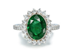 1209 custom made vintage inspired emerald and diamond floral halo engagement rings