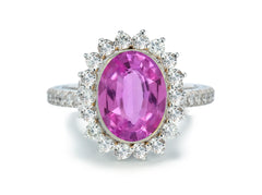 1209 custom made vintage inspired pink sapphire and diamond floral halo engagement rings