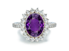 1209 custom made vintage inspired purple sapphire and diamond floral halo engagement rings