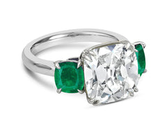 121 custom made unique cushion cut diamond center stone and cushion cut emerald side three stone engagement ring