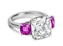 121 custom made unique cushion cut diamond center stone and cushion cut pink sapphire side three stone engagement ring