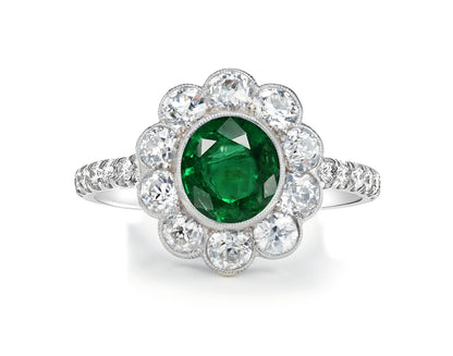 1210 custom made vintage inspired emerald and diamond floral halo engagement rings