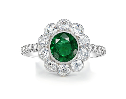 1210 custom made vintage inspired emerald and diamond floral halo engagement rings