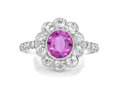 1210 custom made vintage inspired pink sapphire and diamond floral halo engagement rings