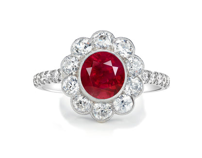 1210 custom made vintage inspired ruby and diamond floral halo engagement rings