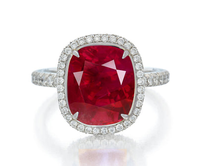 1211 custom made vintage inspired ruby and diamond floral halo engagement rings