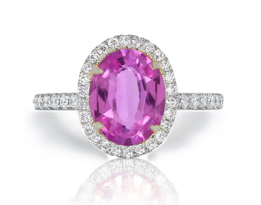 1213 custom made vintage inspired pink sapphire and diamond floral halo engagement rings