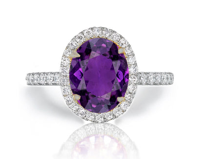 1213 custom made vintage inspired purple sapphire and diamond floral halo engagement rings