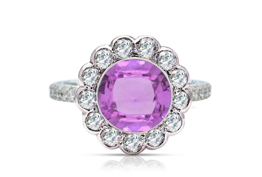 1214 custom made vintage inspired pink sapphire and diamond floral halo engagement rings