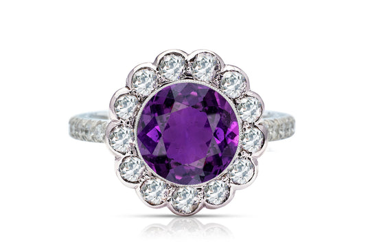 1214 custom made vintage inspired purple sapphire and diamond floral halo engagement rings