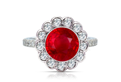 1214 custom made vintage inspired ruby and diamond floral halo engagement rings