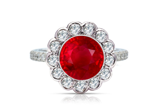 1214 custom made vintage inspired ruby and diamond floral halo engagement rings