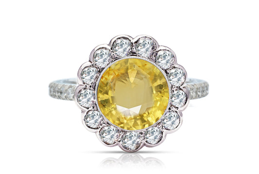 1214 custom made vintage inspired yellow sapphire and diamond floral halo engagement rings