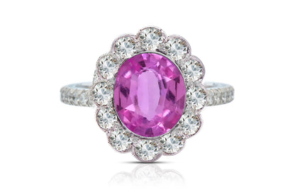 1215 custom made vintage inspired pink sapphire and diamond floral halo engagement rings