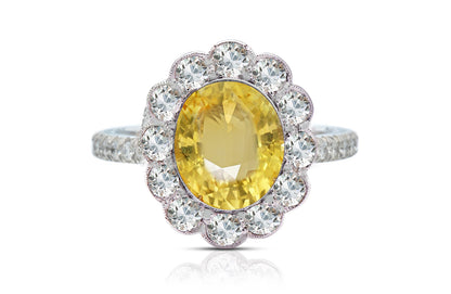 1215 custom made vintage inspired yellow sapphire and diamond floral halo engagement rings