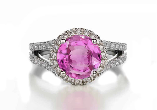 1216 custom made vintage inspired pink sapphire and diamond floral halo engagement rings