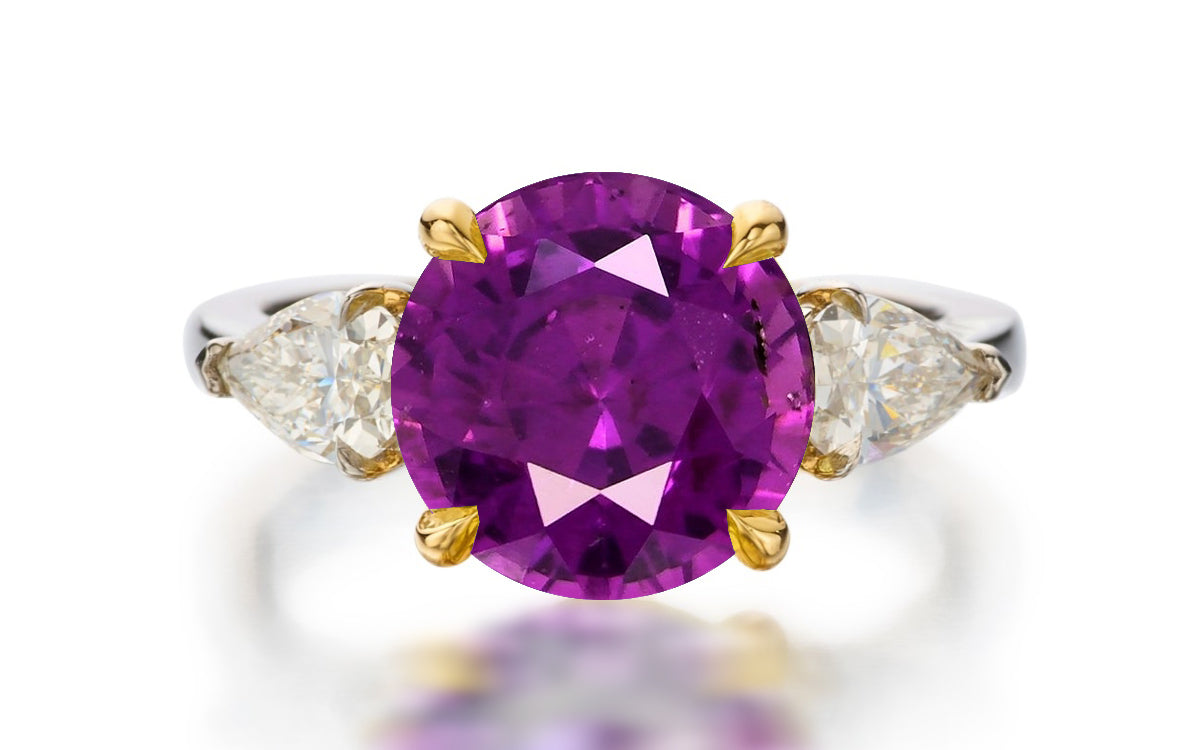 122 custom made unique round cut purple sapphire center stone and pear cut diamond side three stone engagement ring