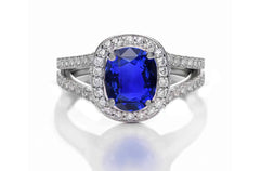 1221 custom made vintage inspired blue sapphire and diamond floral halo engagement rings