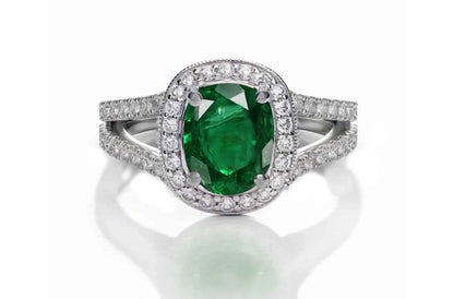 1221 custom made vintage inspired emerald and diamond floral halo engagement rings